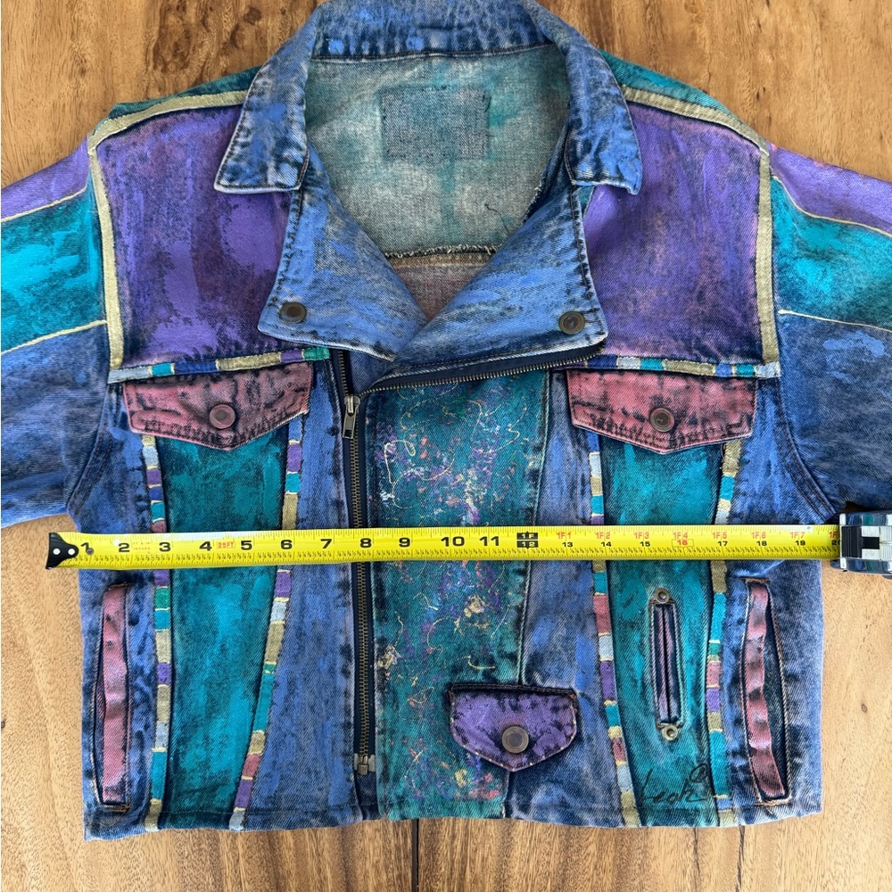 Vintage 1980s Hand Painted Denim Purple & Teal Women's Crop Jean Jacket - Picture 13 of 17